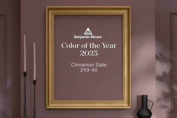 Announcement of Benjamin Moore Color of the Year Cinnamon Slate 2113-40 in a golden frame at Triboro Paint near North Attleborough, MA